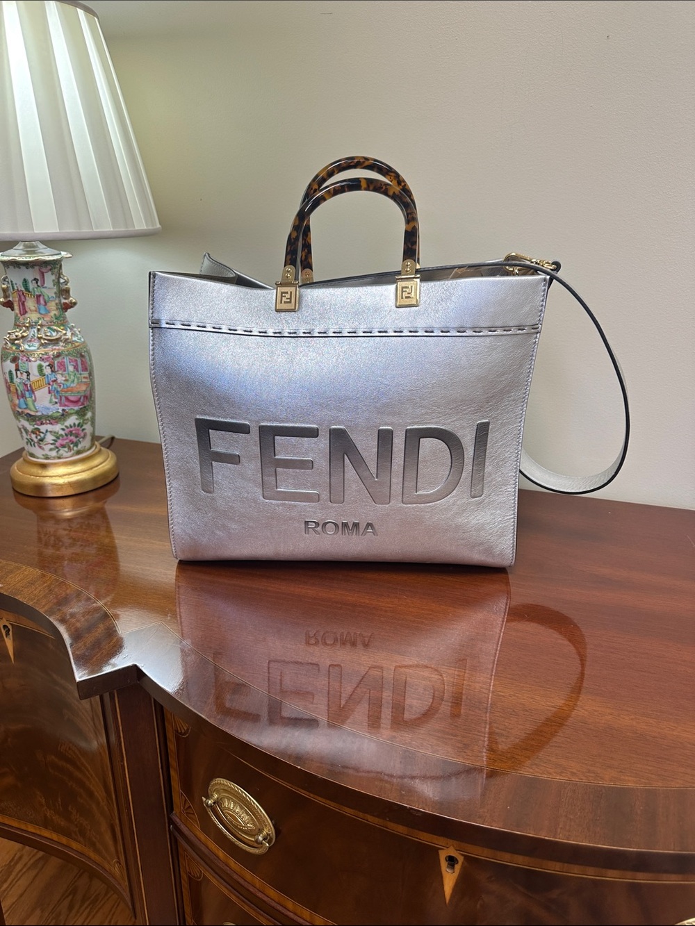 Fendi Silver Metallic Leather Tote with Tortoiseshell Handles